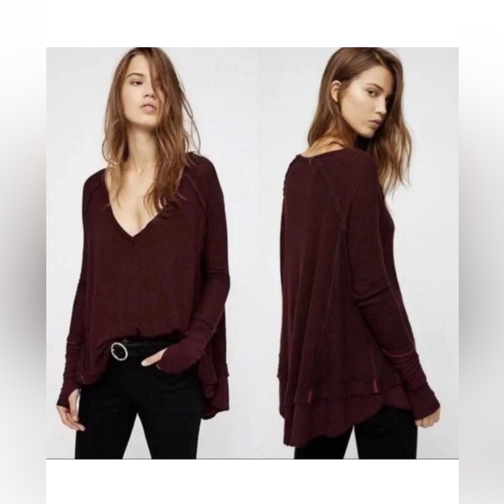 Free People We The Free Maroon Layered Laguna Thermal Waffle Knit Top Sz S Boho